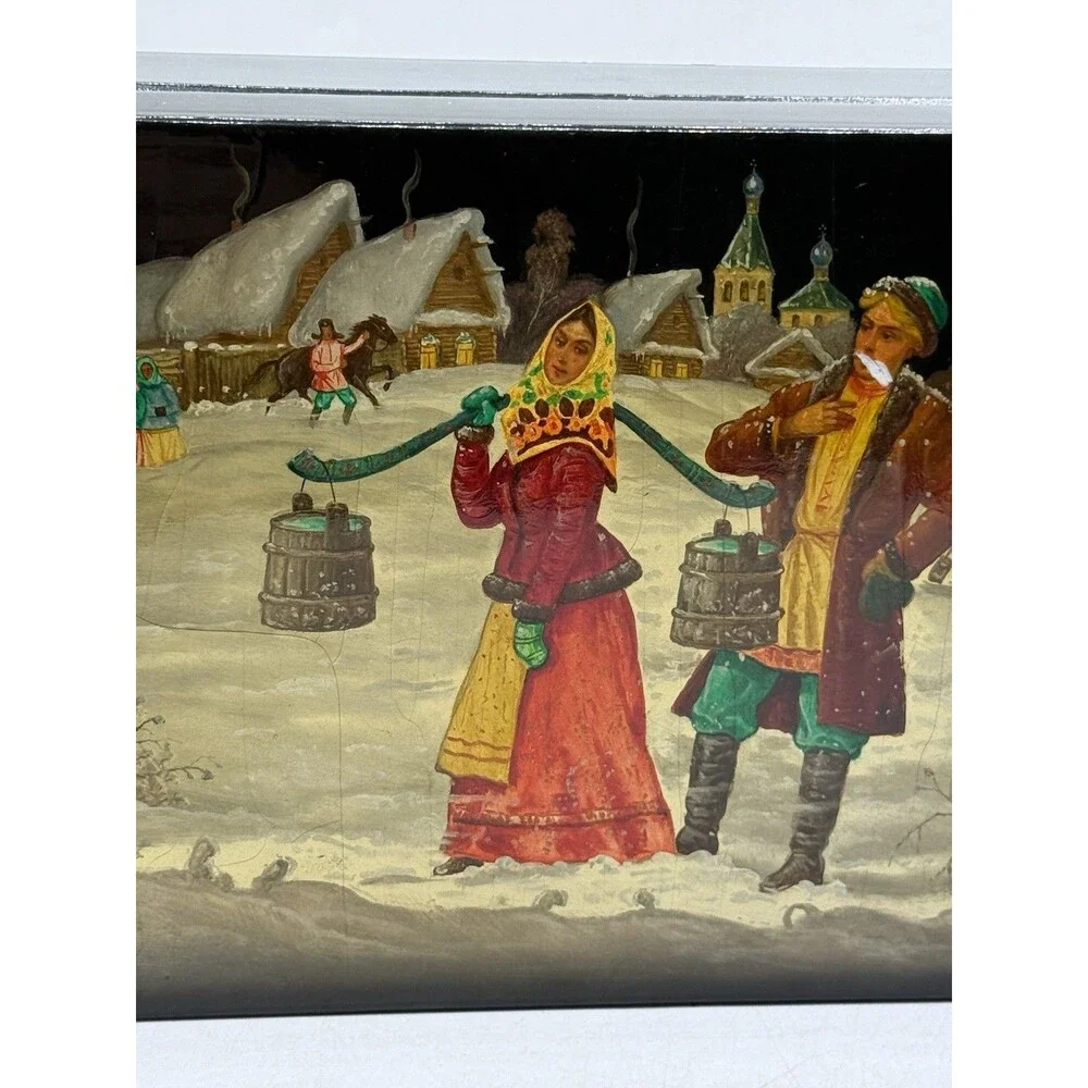 Vintage Fedoskino Russian Lacquer Box Peasant Lovers Winter Scene In The Snow